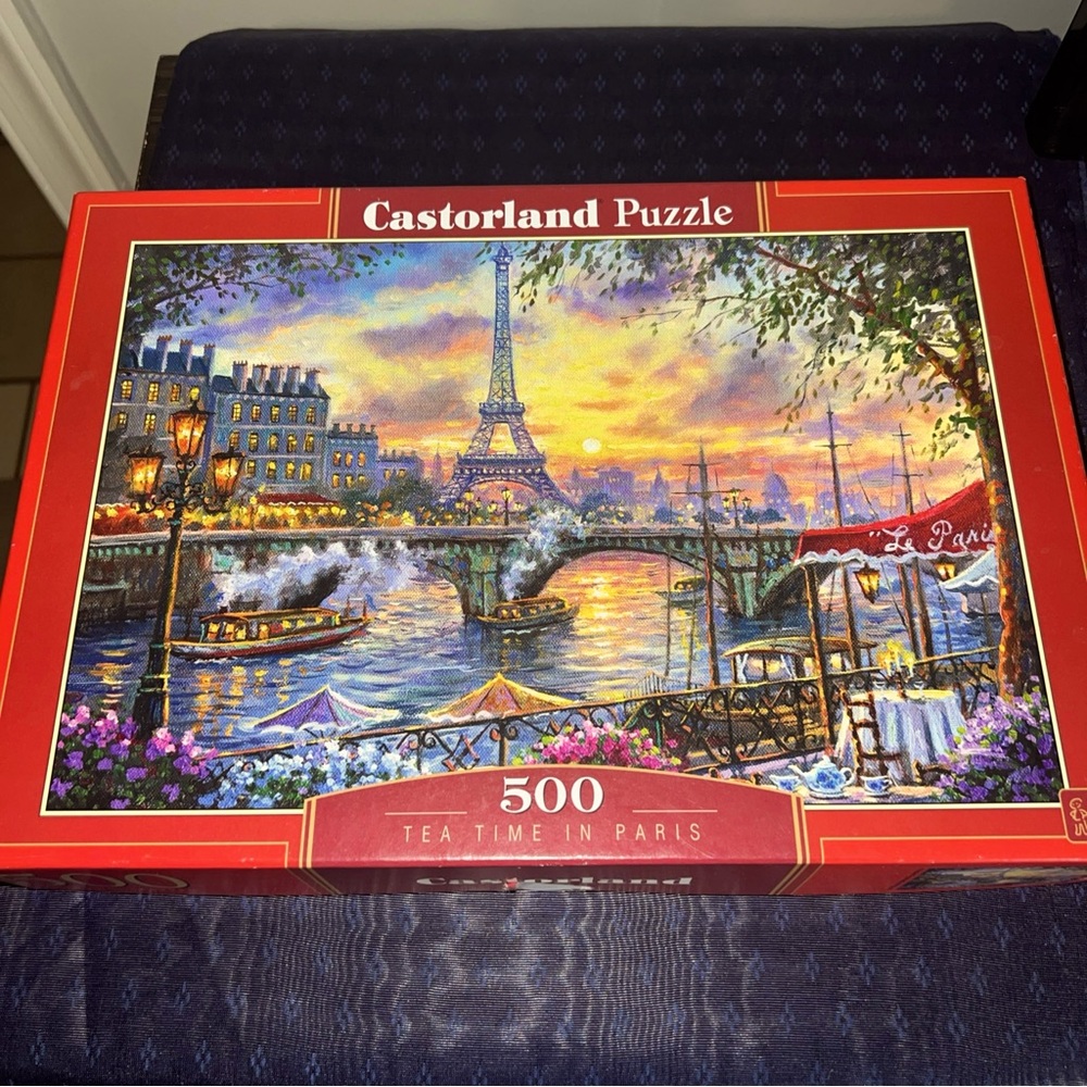 Tea Time in Paris HTF 500 pc Puzzle Stylized Eiffel Tower Bridge Boats Outside